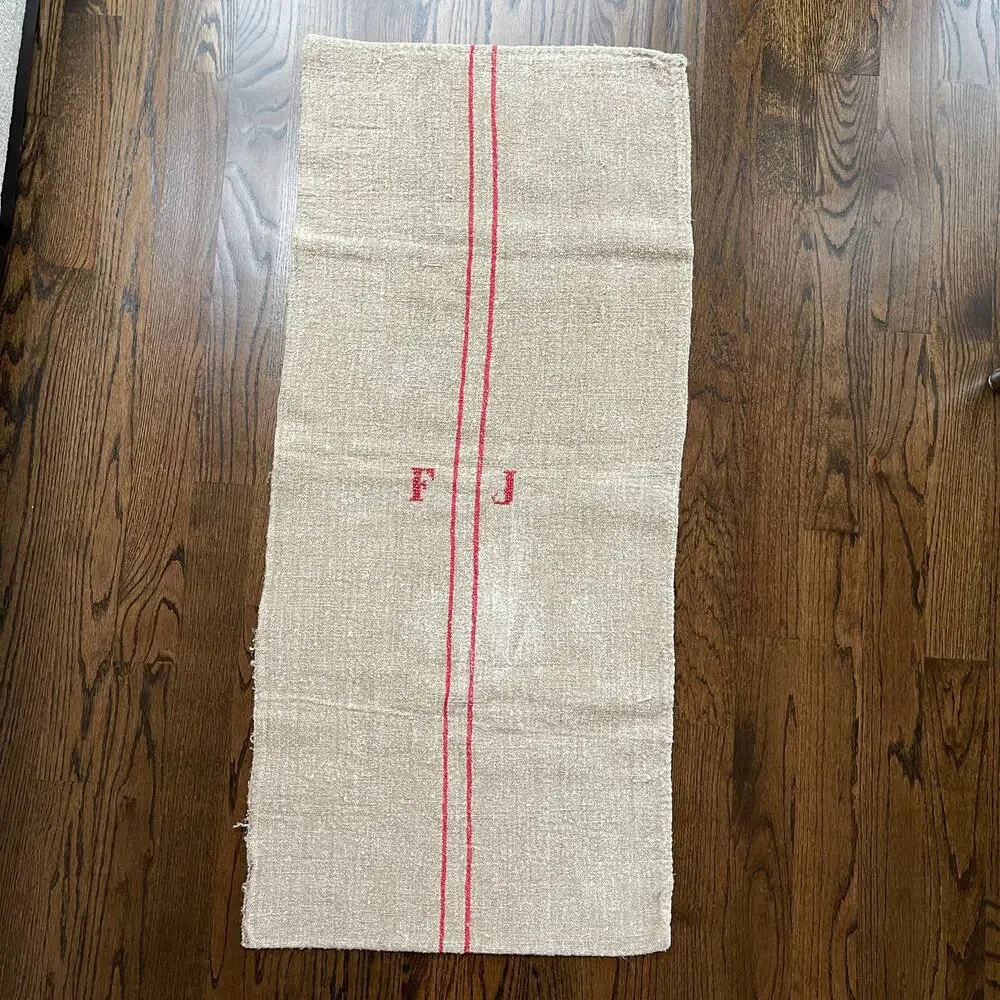 Stunning Red Tan Organic Fabric Hemp Antique French Grainsack Linen